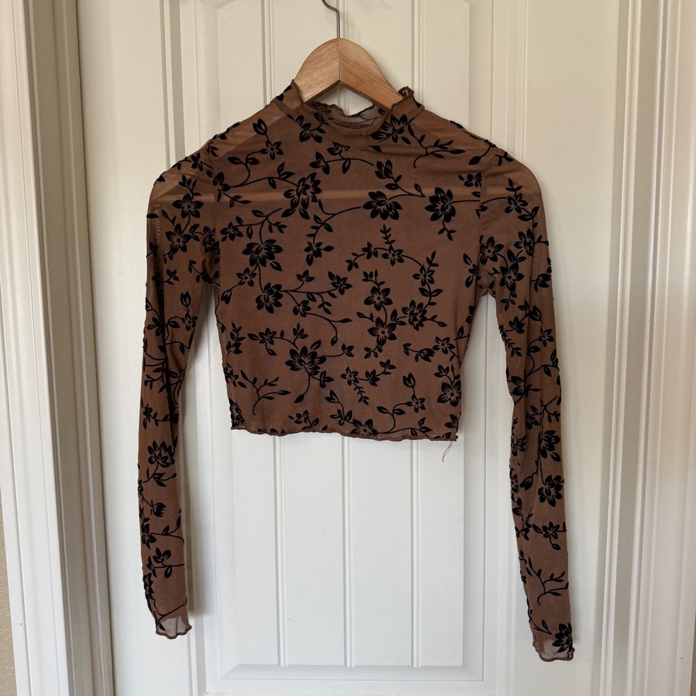 Dazy Mesh Crop Top Womens Size S Brown Black Flocked Floral Mock Neck Exc. y2k‎ - Picture 4 of 7